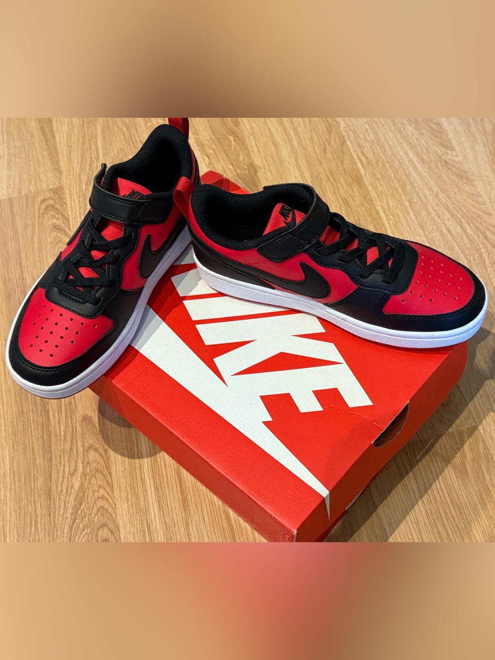 NWT- Nike Kids court Borough Low Black and Red Sneakers with Velcro Strap